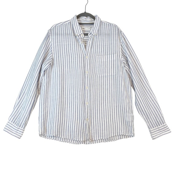 Zara Other - Zara Linen Cotton Blend Shirt Men's L White Striped Coastal Minimalist